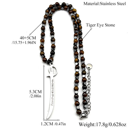 Muslim Islam Imam Ali Zulfiqar Sword Pendant Necklace Women Men Stainless Steel Gold Color Arabic Tiger Eye Stone Chain Jewlry
