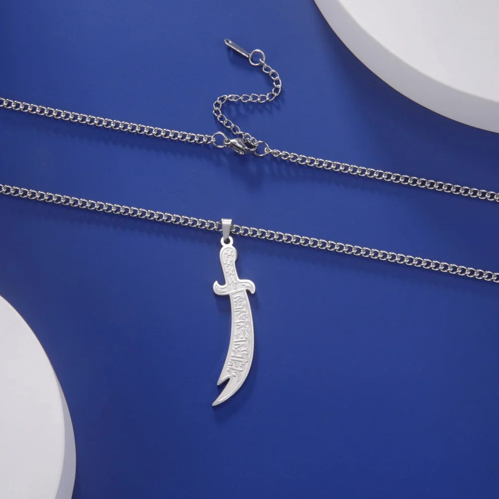 Imam Ali Zulfiqar Sword Pendant Necklace for Men Women Stainless Steel Long Chain Muslim Islamic Arabic Calligraphy Jewelry Gift