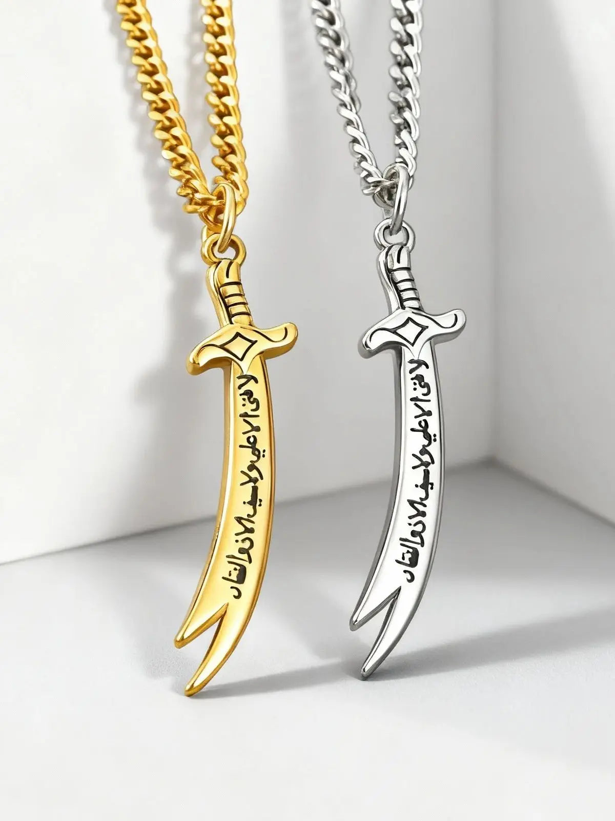 Stainless Steel Zulfiqar Sword Pendant Necklace for Men Women Islamic Arabic Phrases Courage Symbol Jewelry Gifts