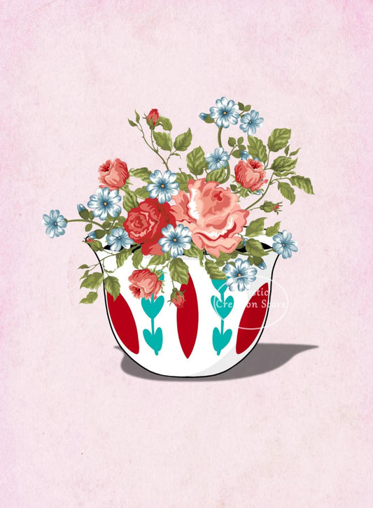 Pink Floral Bouquet In Arabic Coffee Cup Print