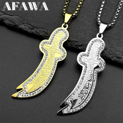 Islamic Imam Ali Zulfiqar Sword Pendant Necklace Stainless Steel Gold Color Rhinestones Arabic Chain Jewelry Gift