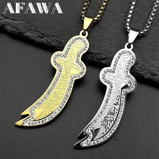 Islamic Imam Ali Zulfiqar Sword Pendant Necklace Stainless Steel Gold Color Rhinestones Arabic Chain Jewelry Gift