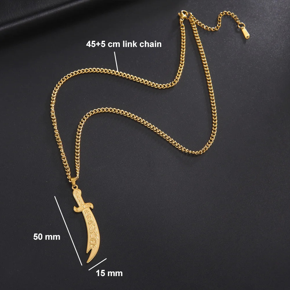 Imam Ali Zulfiqar Sword Pendant Necklace for Men Women Stainless Steel Long Chain Muslim Islamic Arabic Calligraphy Jewelry Gift