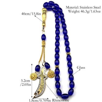 Zulfiqar Sword Blue Glass Prayer Beads