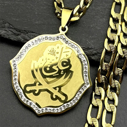 Imam Ali Sword Muslim Quran Islam Knife Pendant Necklace For Men Women Stainless Steel Arabic Zulfiqar Chain Rhinestones Jewlery