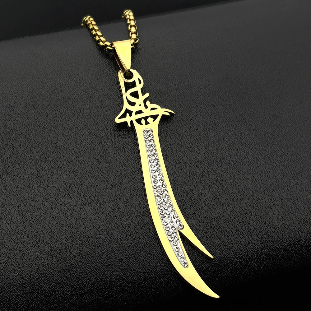 Islamic Imam Ali Zulfiqar Sword Rhinestones Pendant Necklace