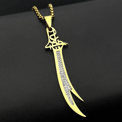 Islamic Imam Ali Zulfiqar Sword Rhinestones Pendant Necklace