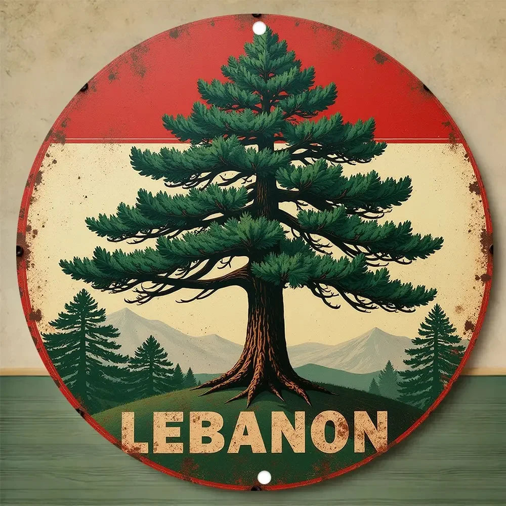 2D Flat Vintage Lebanon Flag Cedar Tree Wooden Sign