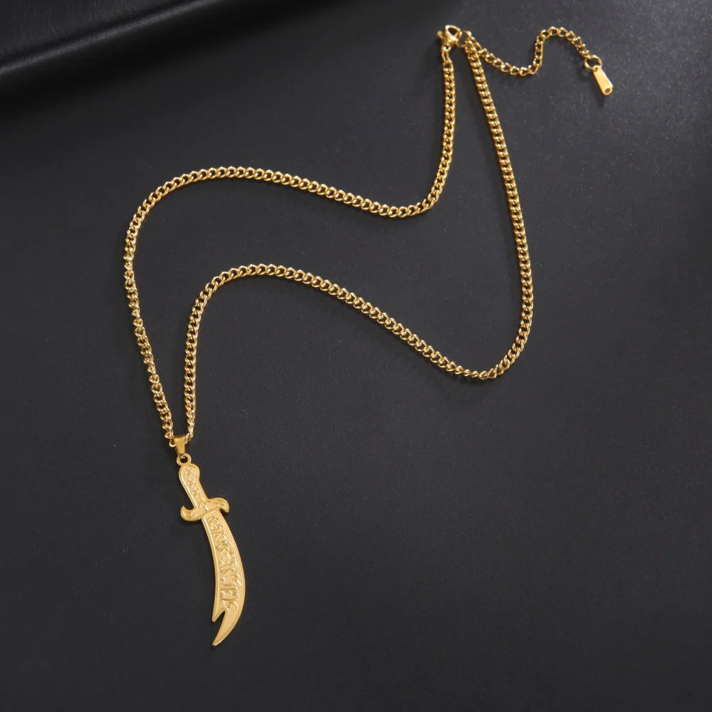 Imam Ali Zulfiqar Sword Pendant Necklace for Men Women Stainless Steel Long Chain Muslim Islamic Arabic Calligraphy Jewelry Gift