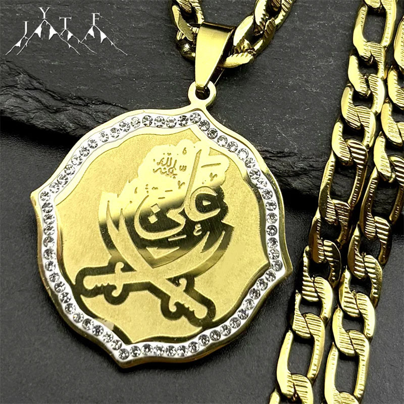 Imam Ali Sword Muslim Quran Islam Knife Pendant Necklace For Men Women Stainless Steel Arabic Zulfiqar Chain Rhinestones Jewlery