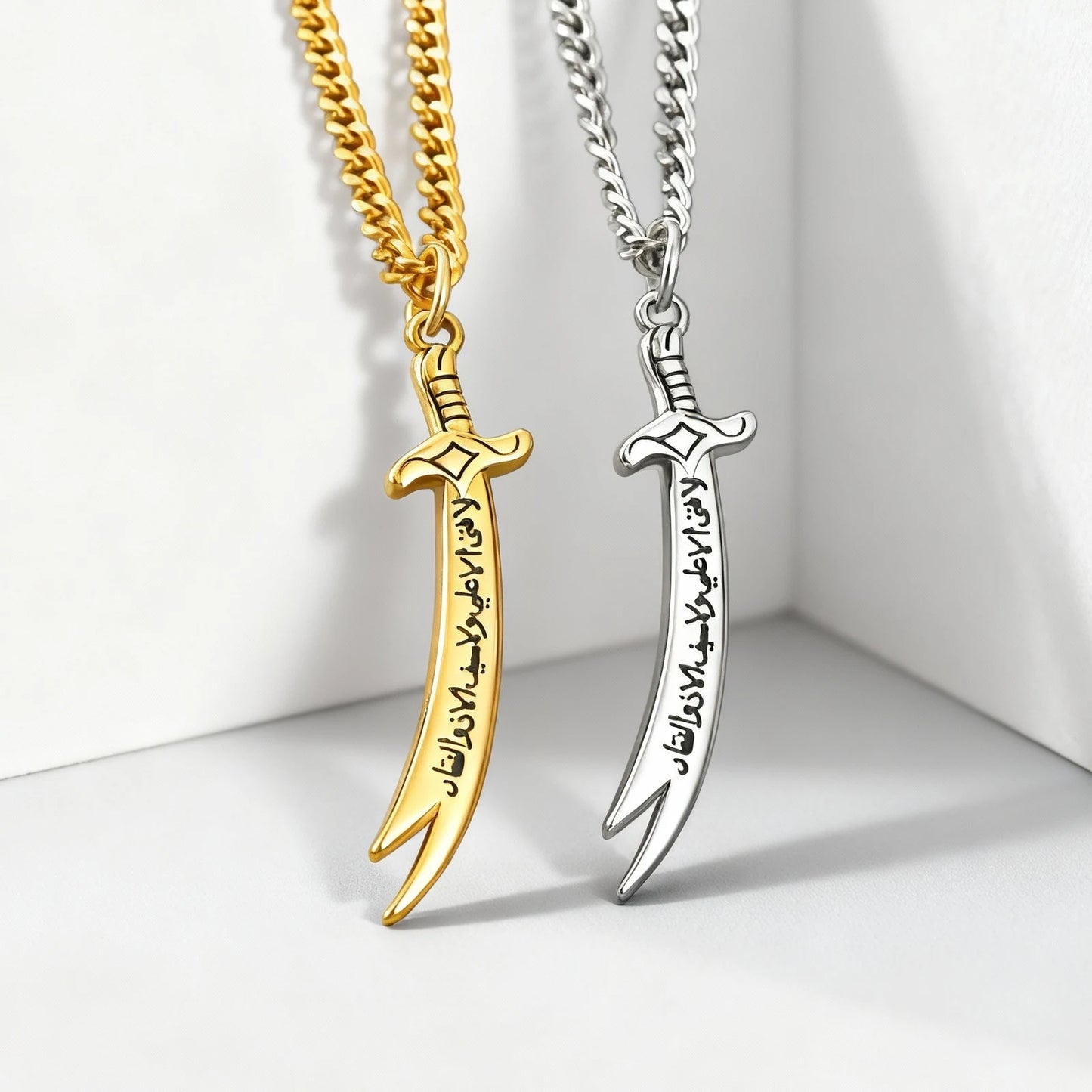 Stainless Steel Zulfiqar Sword Pendant Necklace for Men Women Islamic Arabic Phrases Courage Symbol Jewelry Gifts