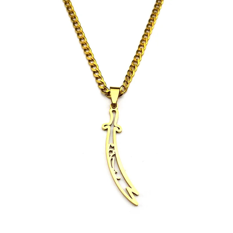 Imam Ali Zulfiqar Sword Pendant Necklace for Women Men Stainless Steel Gold Color Hollow Islamic Muslim Knife Chain Jewelry