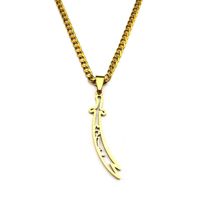 Imam Ali Zulfiqar Sword Pendant Necklace for Women Men Stainless Steel Gold Color Hollow Islamic Muslim Knife Chain Jewelry