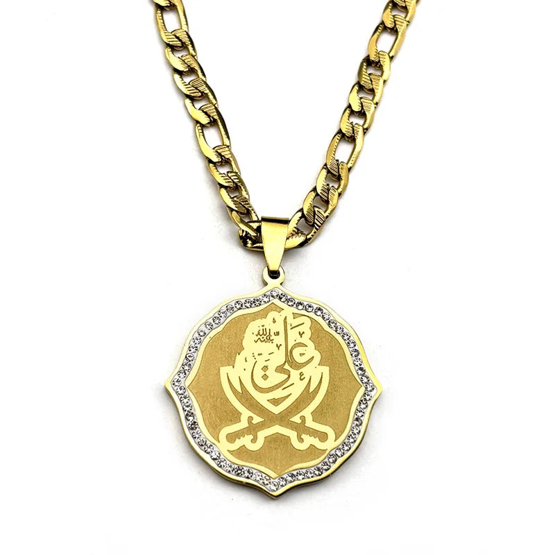 Imam Ali Sword Muslim Quran Islam Knife Pendant Necklace For Men Women Stainless Steel Arabic Zulfiqar Chain Rhinestones Jewlery