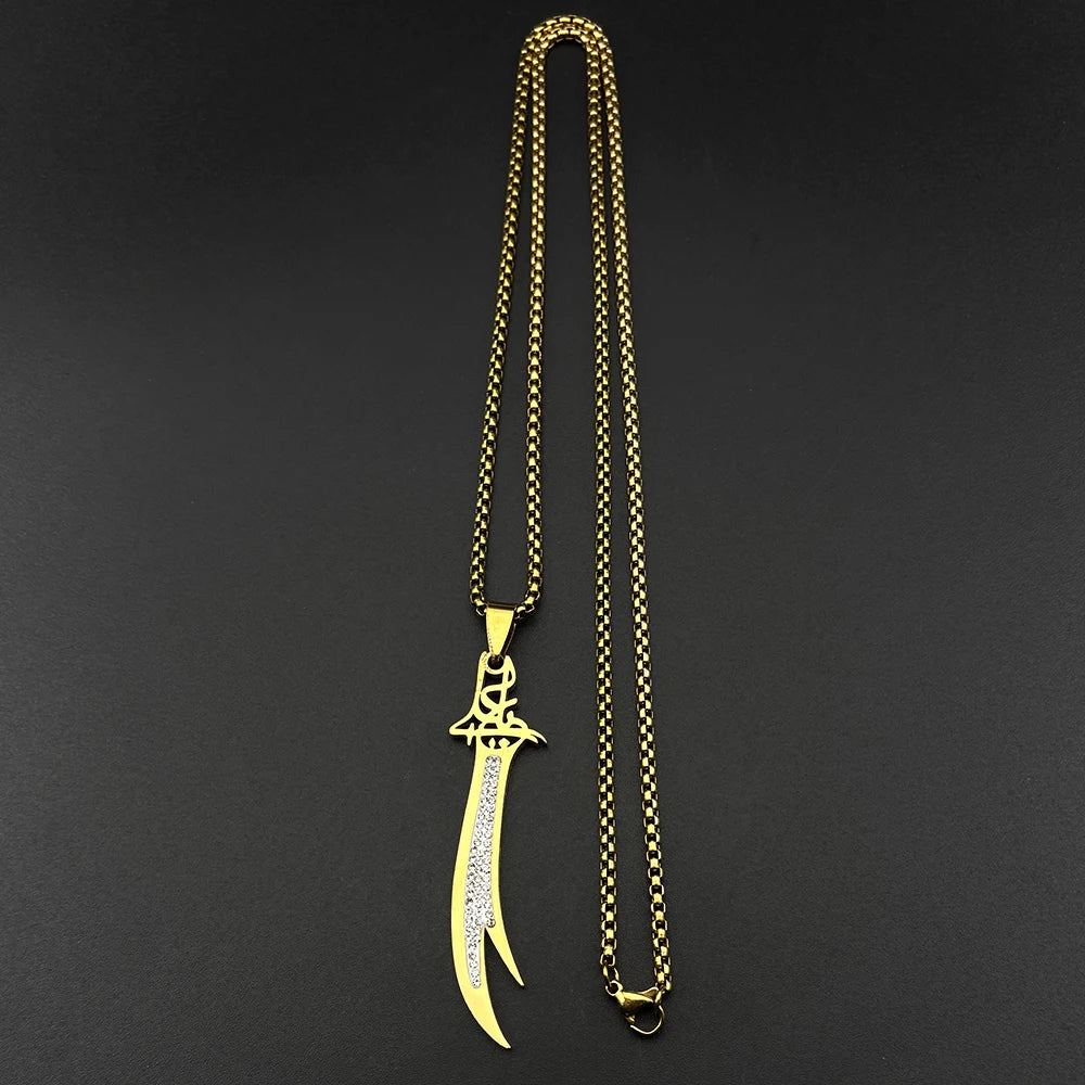 Islamic Imam Ali Zulfiqar Sword Rhinestones Pendant Necklace
