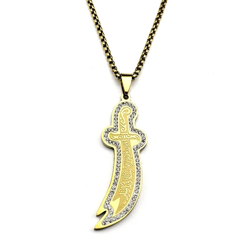 Islamic Imam Ali Zulfiqar Sword Pendant Necklace Stainless Steel Gold Color Rhinestones Arabic Chain Jewelry Gift