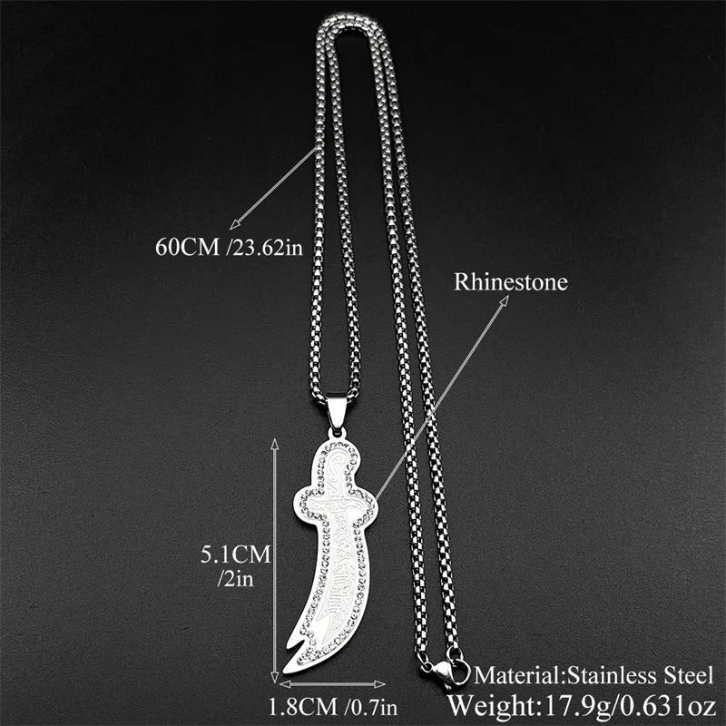 Islamic Imam Ali Zulfiqar Sword Pendant Necklace Stainless Steel Gold Color Rhinestones Arabic Chain Jewelry Gift