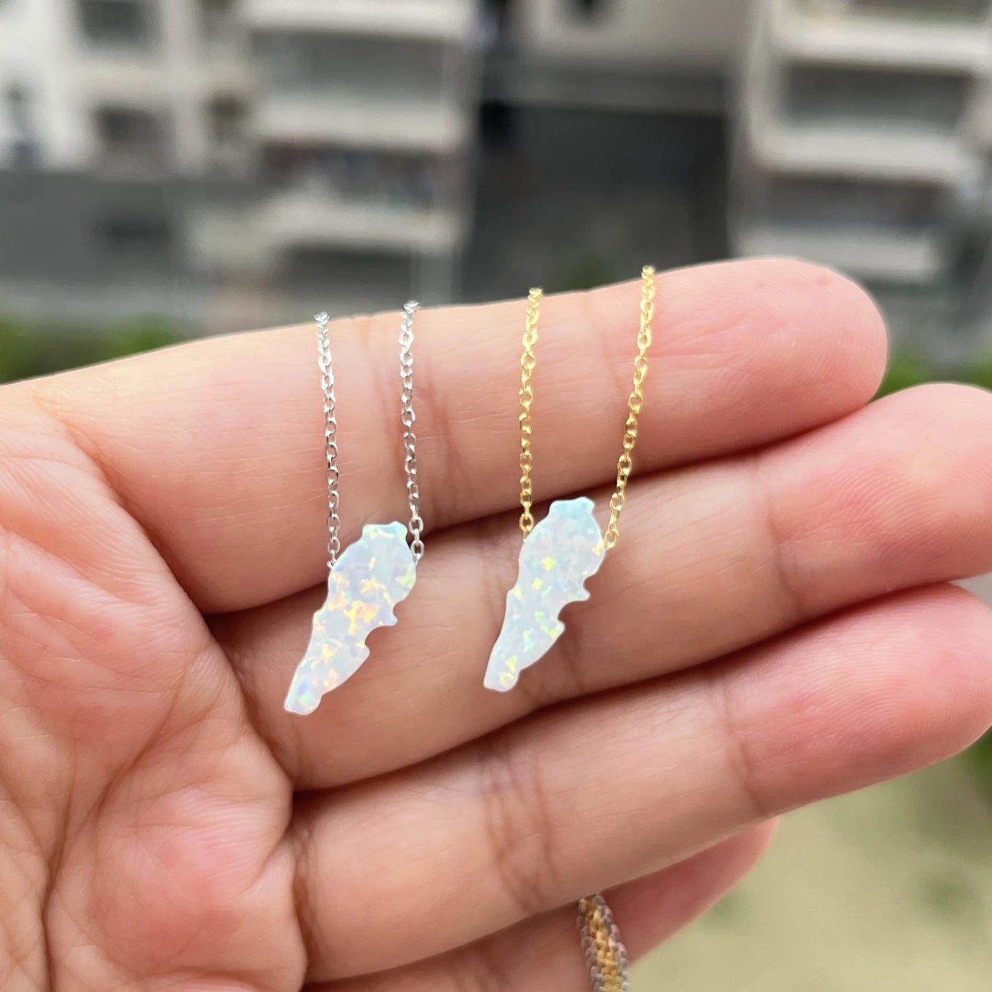(1pc/lot)High Quality White and Green 6.7x16.7mm Synthetic Opal Lebanon Map Necklace Jewelry with 925 Silver chain