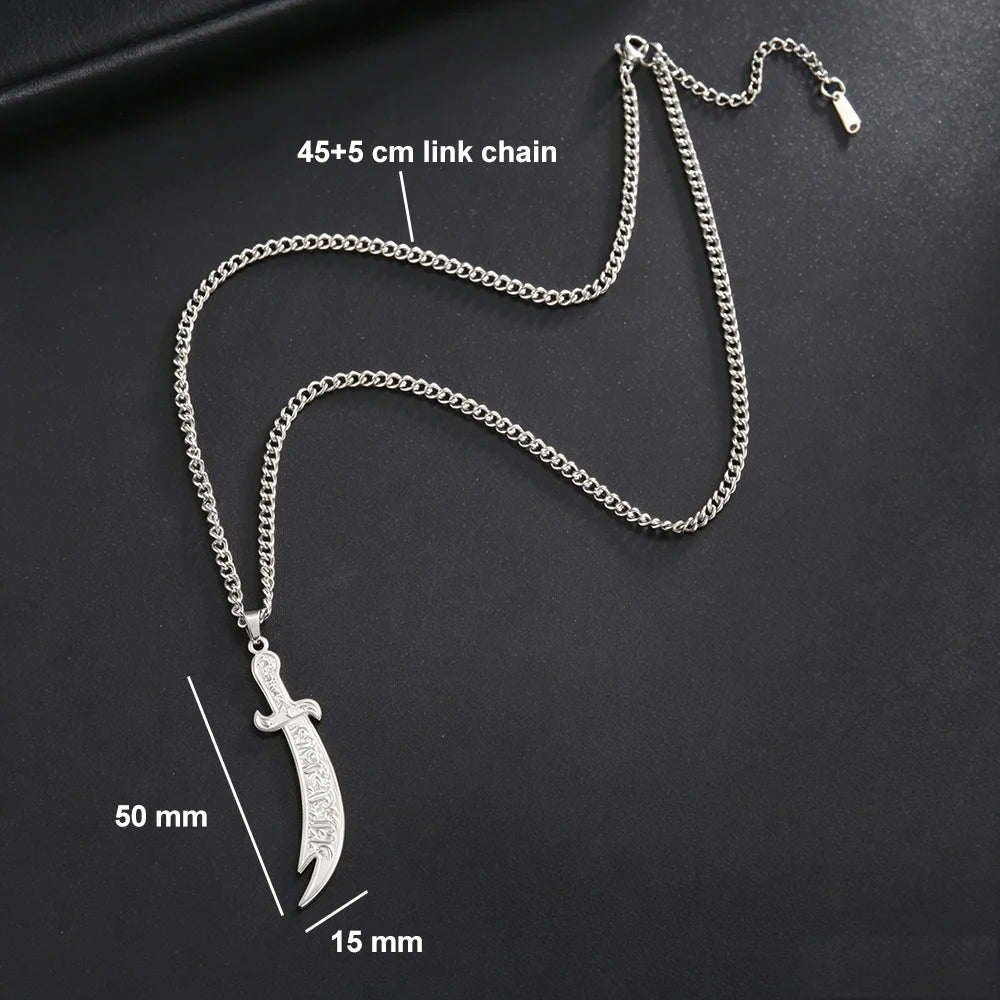 Imam Ali Zulfiqar Sword Pendant Necklace for Men Women Stainless Steel Long Chain Muslim Islamic Arabic Calligraphy Jewelry Gift