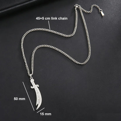 Imam Ali Zulfiqar Sword Pendant Necklace for Men Women Stainless Steel Long Chain Muslim Islamic Arabic Calligraphy Jewelry Gift