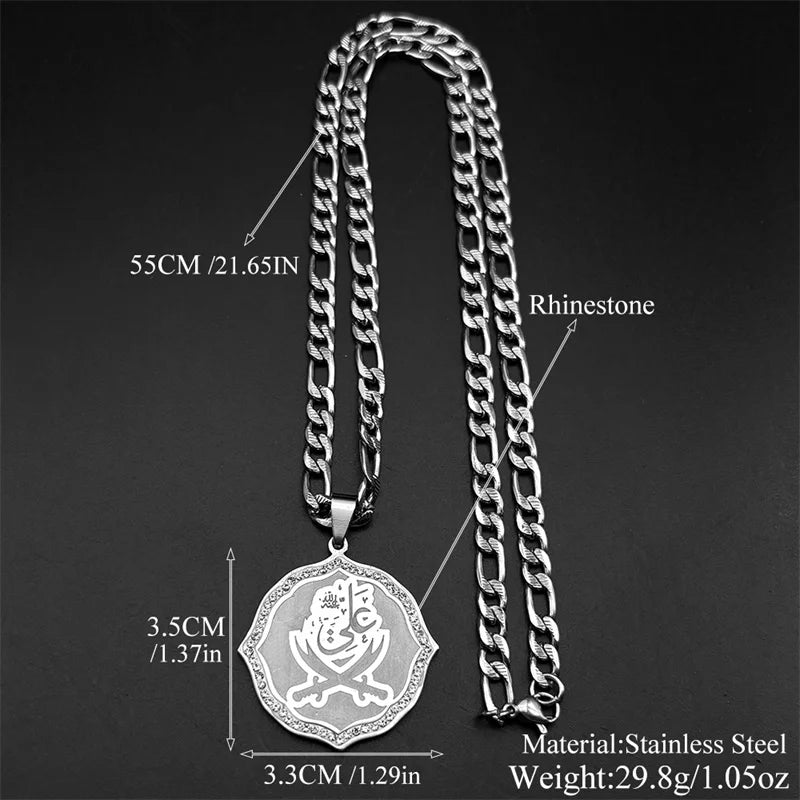 Imam Ali Sword Muslim Quran Islam Knife Pendant Necklace For Men Women Stainless Steel Arabic Zulfiqar Chain Rhinestones Jewlery