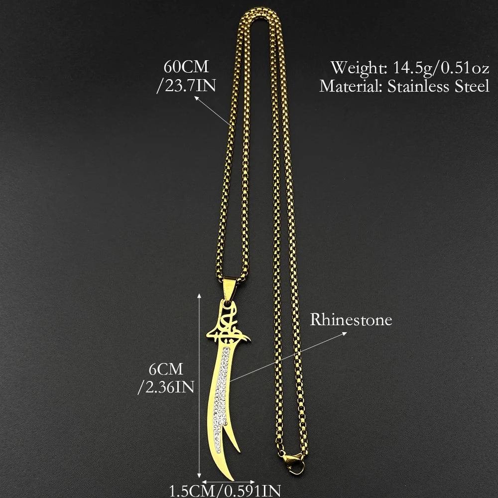 Islamic Imam Ali Zulfiqar Sword Rhinestones Pendant Necklace