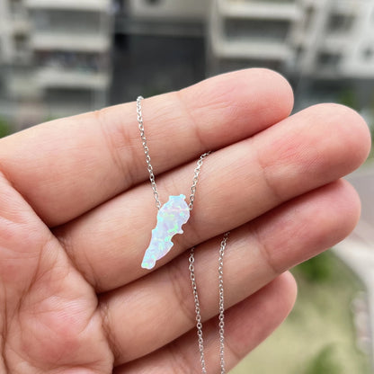 (1pc/lot)High Quality White and Green 6.7x16.7mm Synthetic Opal Lebanon Map Necklace Jewelry with 925 Silver chain