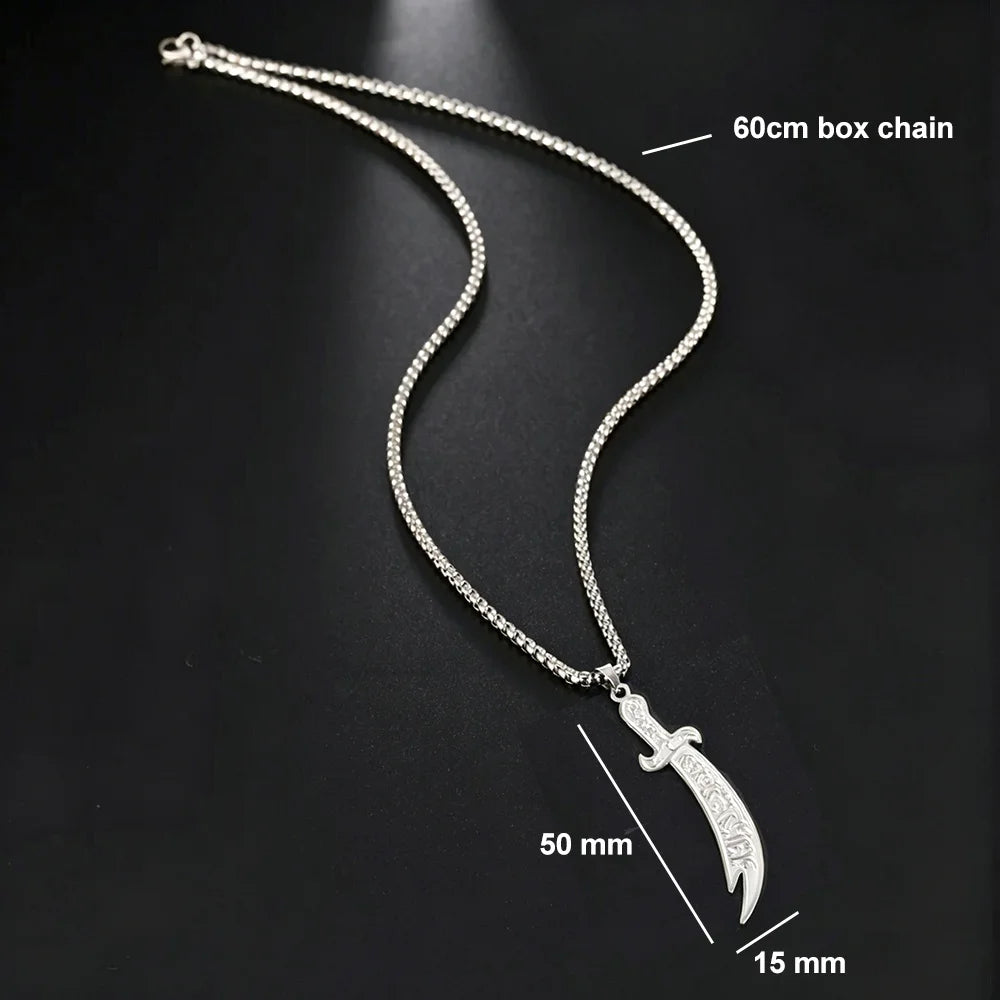 Imam Ali Zulfiqar Sword Pendant Necklace for Men Women Stainless Steel Long Chain Muslim Islamic Arabic Calligraphy Jewelry Gift