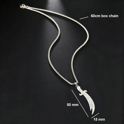 Imam Ali Zulfiqar Sword Pendant Necklace for Men Women Stainless Steel Long Chain Muslim Islamic Arabic Calligraphy Jewelry Gift