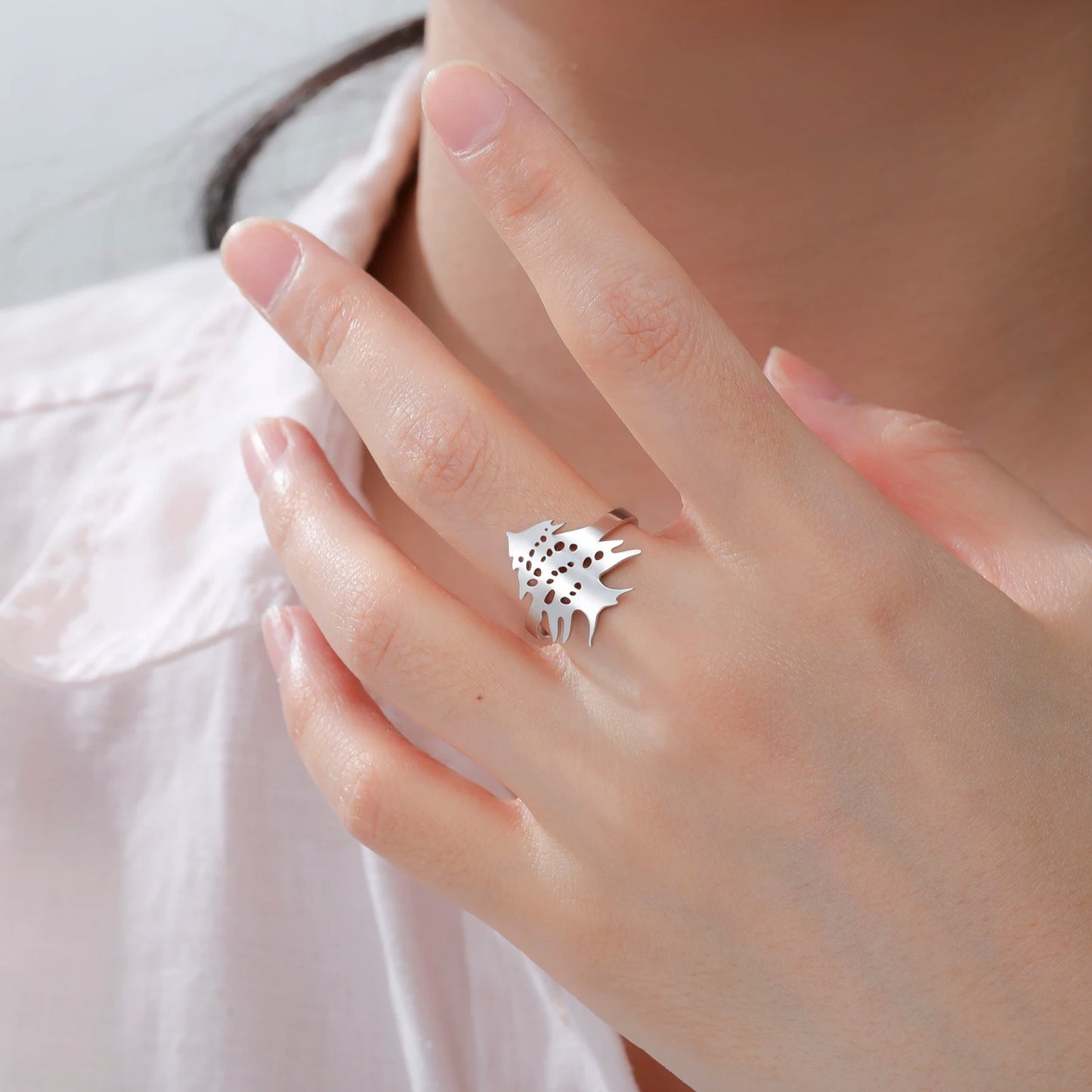 Lebanon Cedar Tree Open Ring Adjustable Stainless Steel Band Classic National Symbol Jewelry Punk Casual Finger Ring G