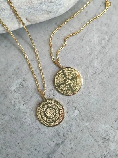 Ayatul Kursi Four Qul Necklace Unique Two Sided Surah Pendant 18k Gold